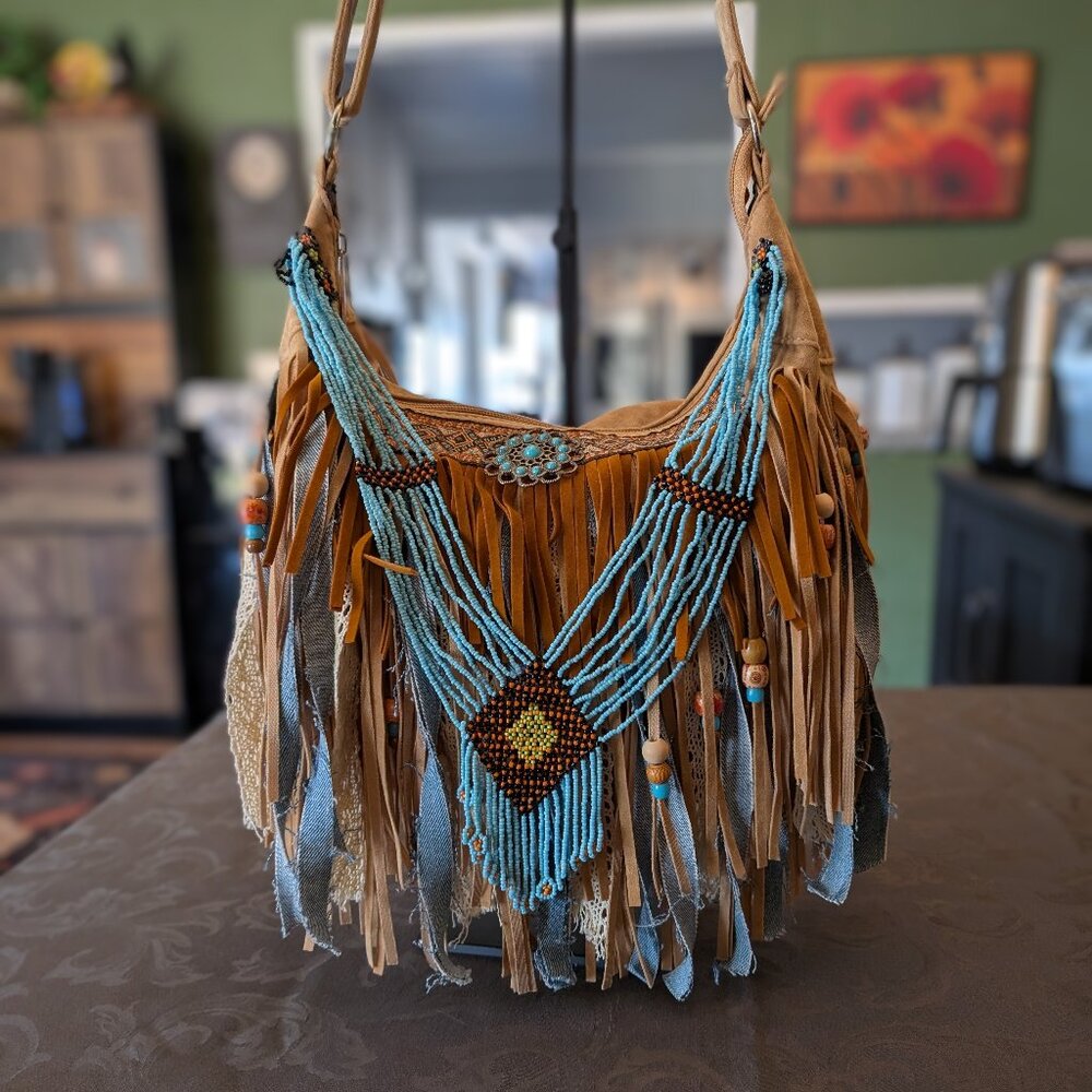 Handmade Brown/Turquoise Vegan Beaded Boho Fringe Purse OOAK
